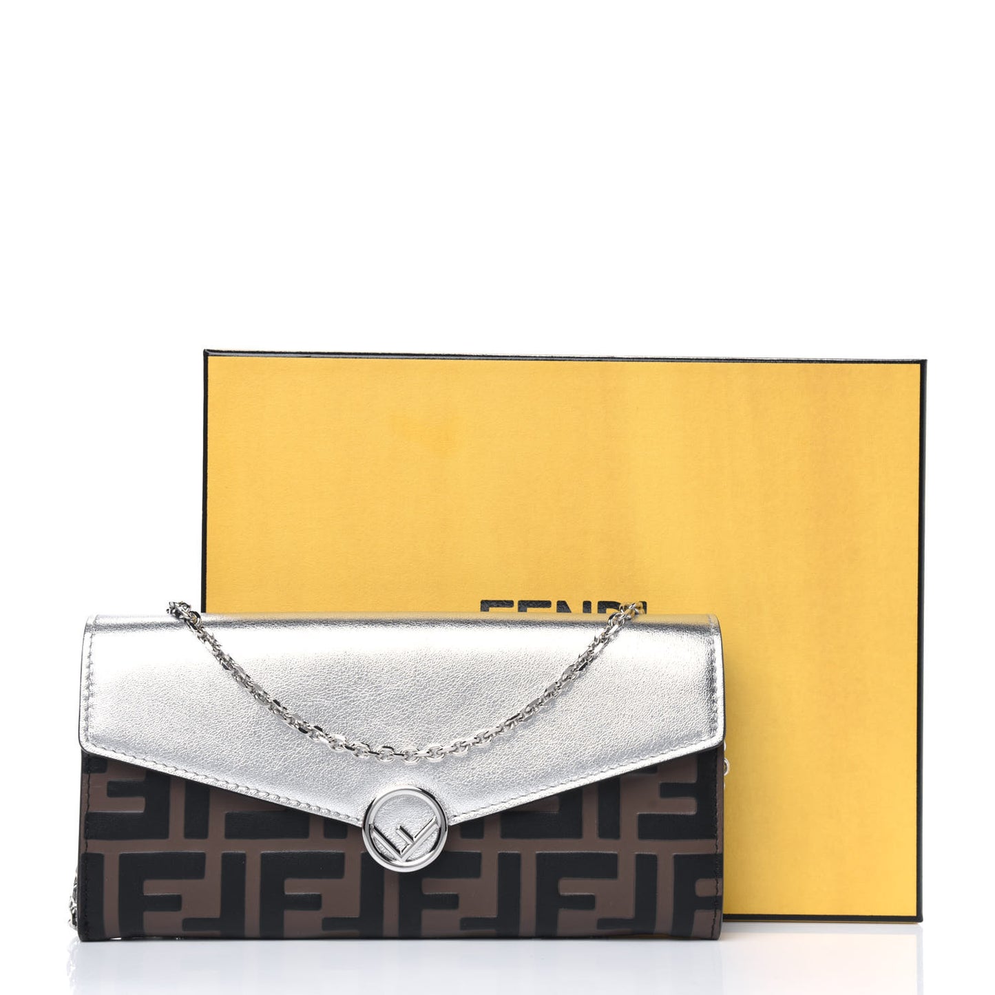 Vitello Soft Catalan Mirror F is Fendi Bi-Color FF 1974 Embossed Continental Envelope Wallet On Chain Maya Black Argento