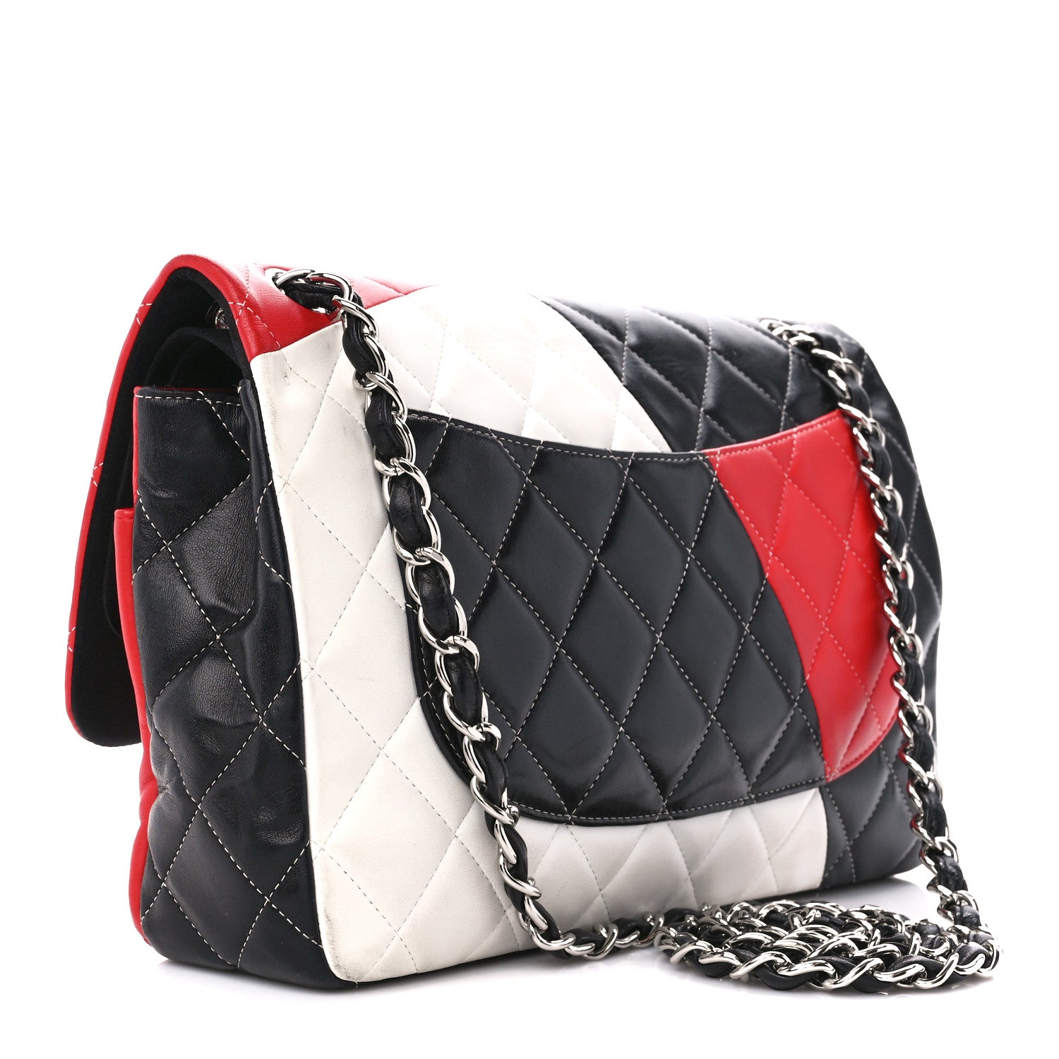 Chanel Lambskin Quilted Colorblock Jumbo Double Flap Black White Red 3 of 11