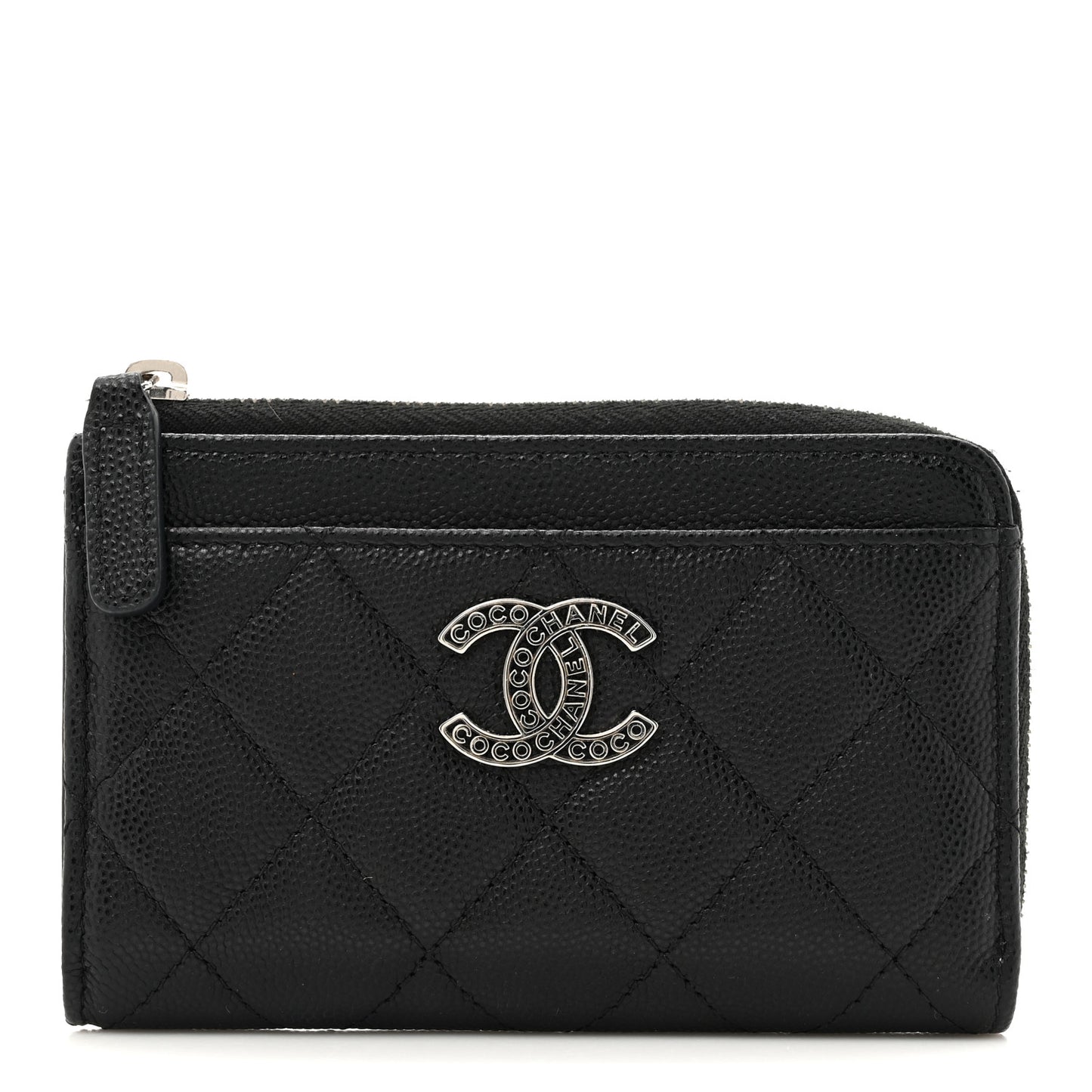 Caviar Quilted CC Logo Zip Around Card Holder Black