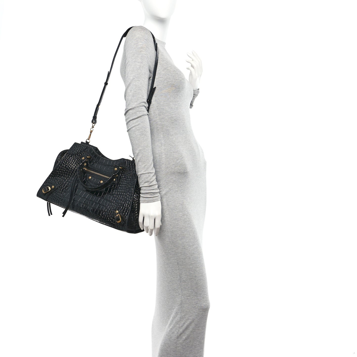 Shiny Supple Calfskin Crocodile Embossed Brass Hardware Neo Classic City Black