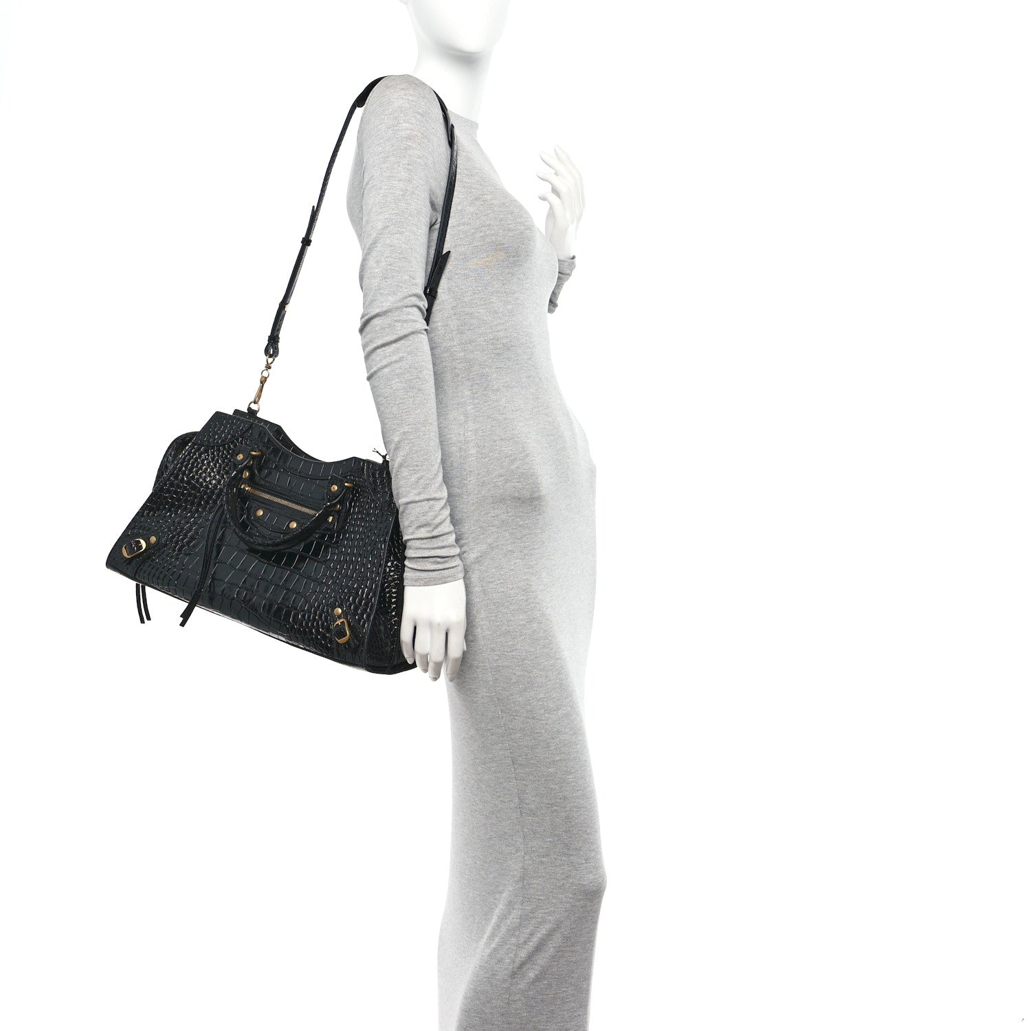 Balenciaga Shiny Supple Calfskin Crocodile Embossed Brass Hardware Neo Classic City Black 2 of 13