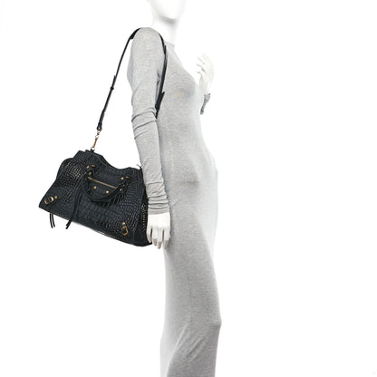 Balenciaga Shiny Supple Calfskin Crocodile Embossed Brass Hardware Neo Classic City Black 2 of 13
