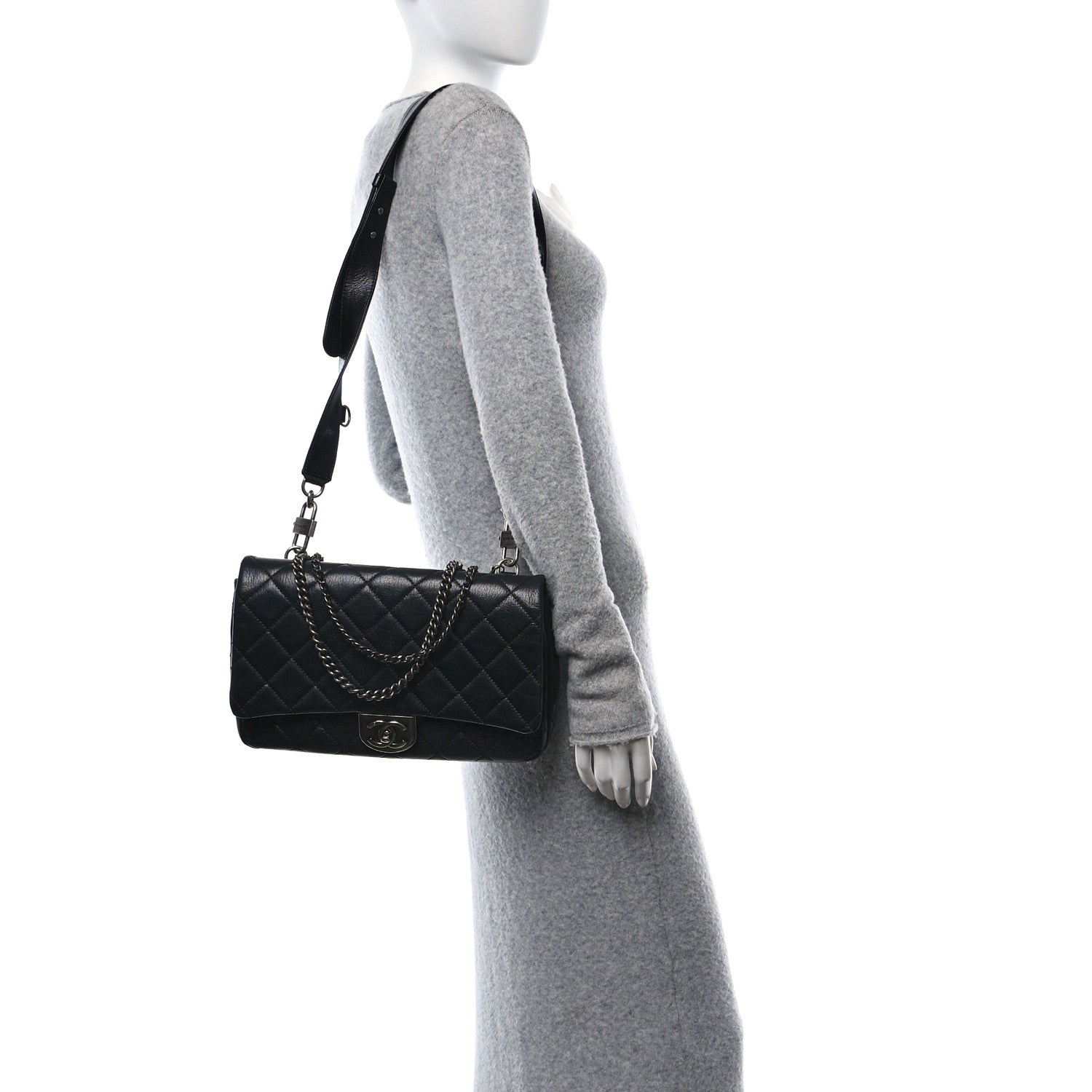 Chanel Shiny Goatskin Quilted Large Double Carry Waist Chain Flap Black 3 of 10