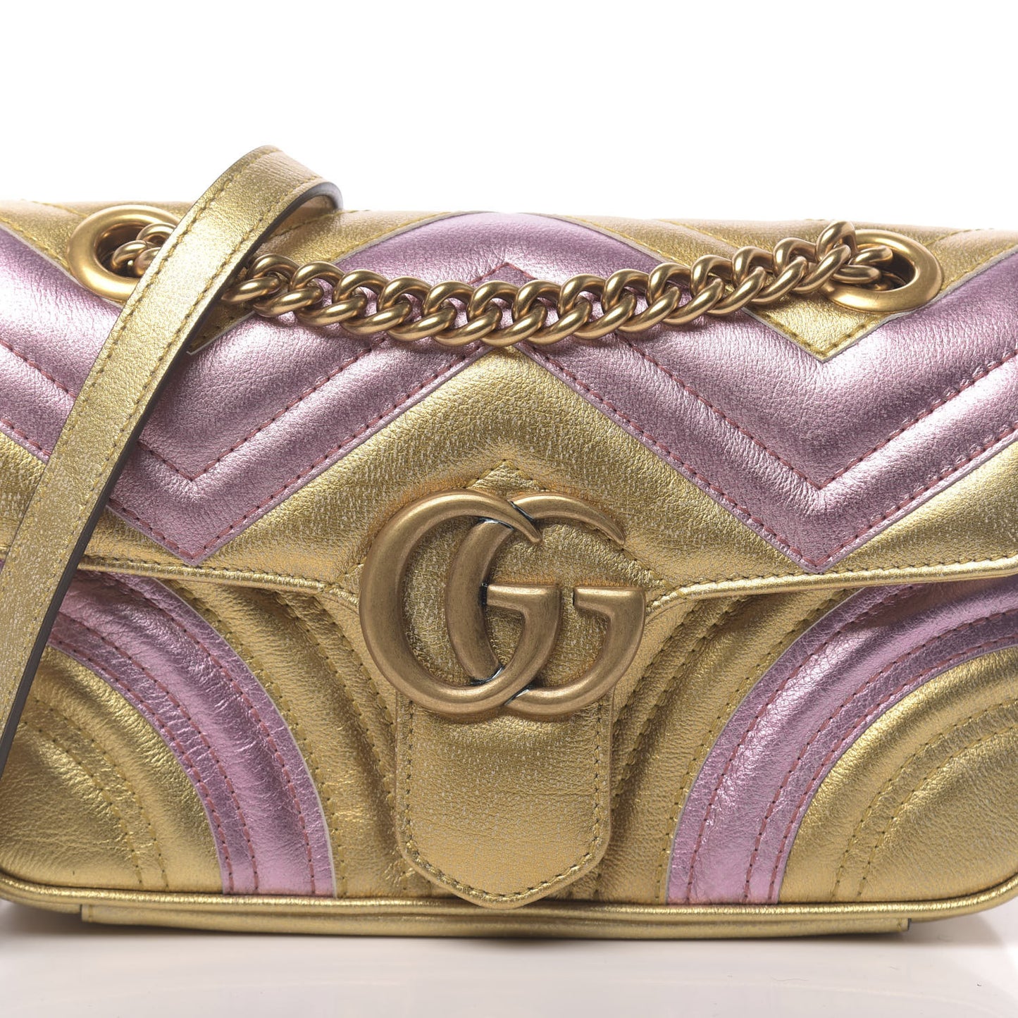 Metallic Calfskin Matelasse Mini GG Marmont Shoulder Bag Gold Pink