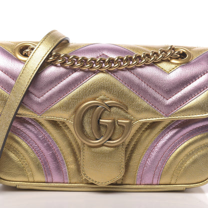 Gucci Metallic Calfskin Matelasse Mini GG Marmont Shoulder Bag Gold Pink 8 of 11