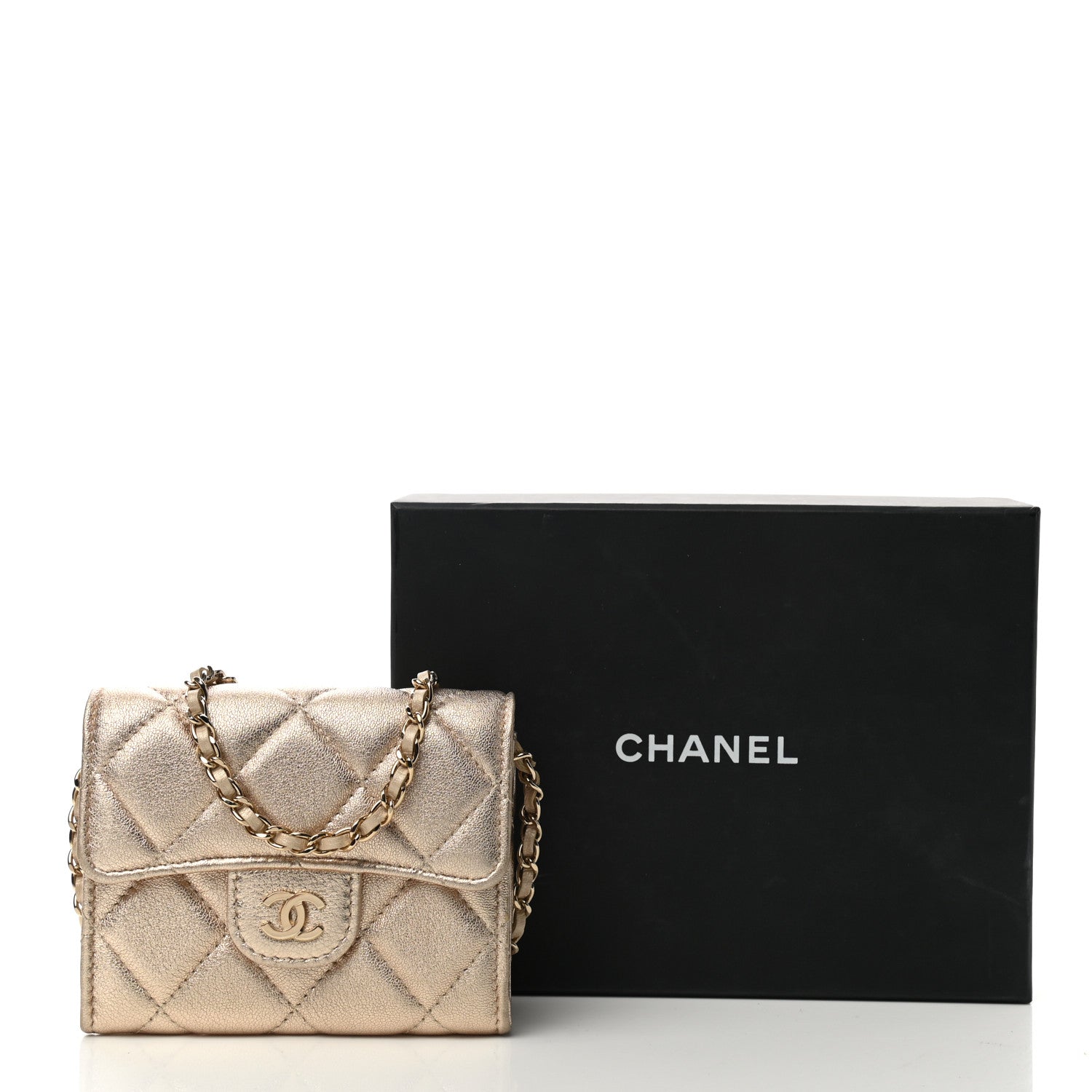 Chanel Metallic Lambskin Quilted Flap Card Holder On Chain Gold 10 of 11