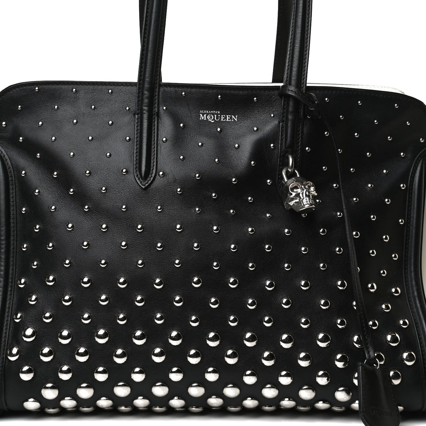 Calfskin Large Studded Padlock Zip Around Tote Black White