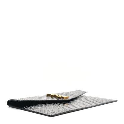 Saint Laurent Calfskin Crocodile Embossed Uptown Monogram Pouch Black 4 of 8