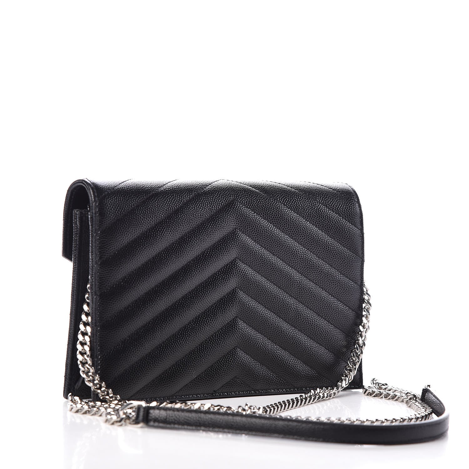 Saint Laurent Grain De Poudre Matelasse Chevron Monogram Envelope Chain Wallet Black 3 of 13