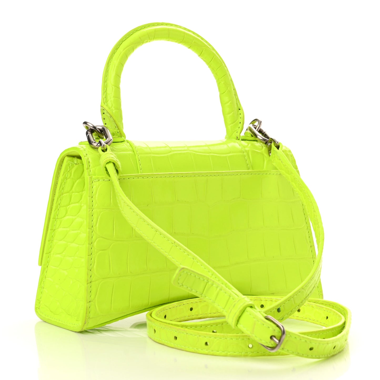 Shiny Calfskin Crocodile Embossed Hourglass Top Handle Bag XS Fluo Yellow