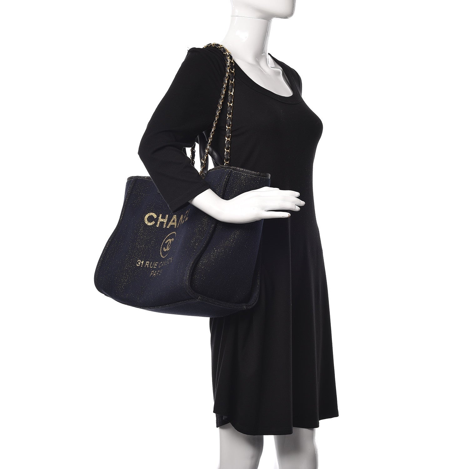 Chanel Lurex Canvas Medium Deauville Tote Navy Blue Gold 2 of 10