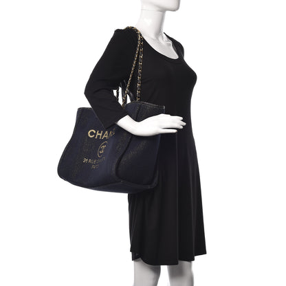 Chanel Lurex Canvas Medium Deauville Tote Navy Blue Gold 2 of 10