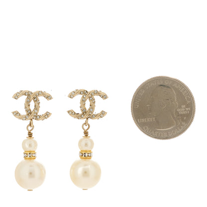 Chanel Crystal Pearl CC Drop Earrings Gold Pearly White 2 of 5