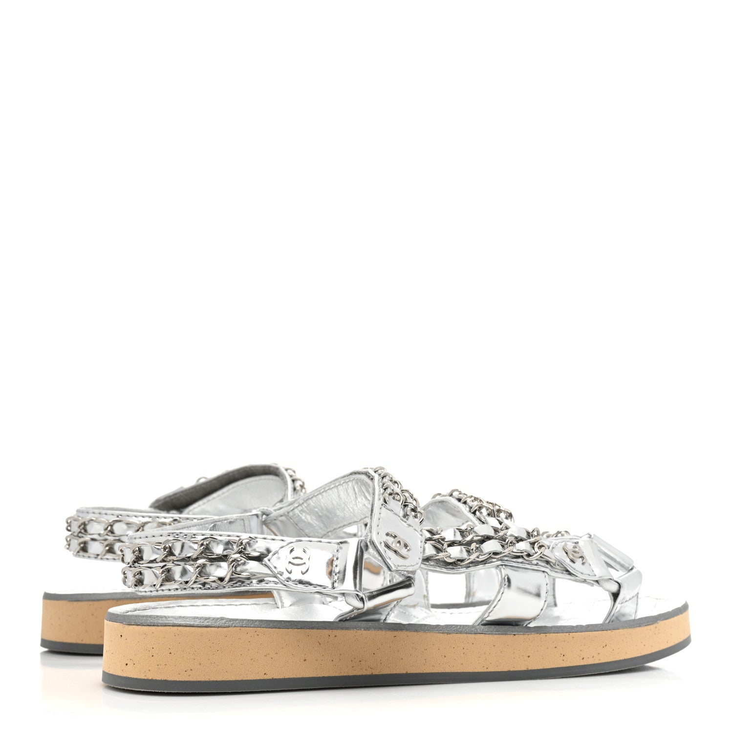 Chanel Metallic Laminated Goastkin Chain Flat Sandals 37 Silver 5 of 11