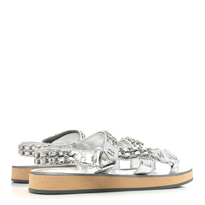 Chanel Metallic Laminated Goastkin Chain Flat Sandals 37 Silver 5 of 11