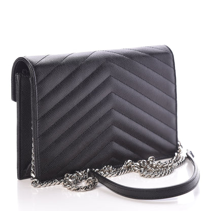 Saint Laurent Grain De Poudre Matelasse Chevron Monogram Envelope Chain Wallet Black 3 of 10