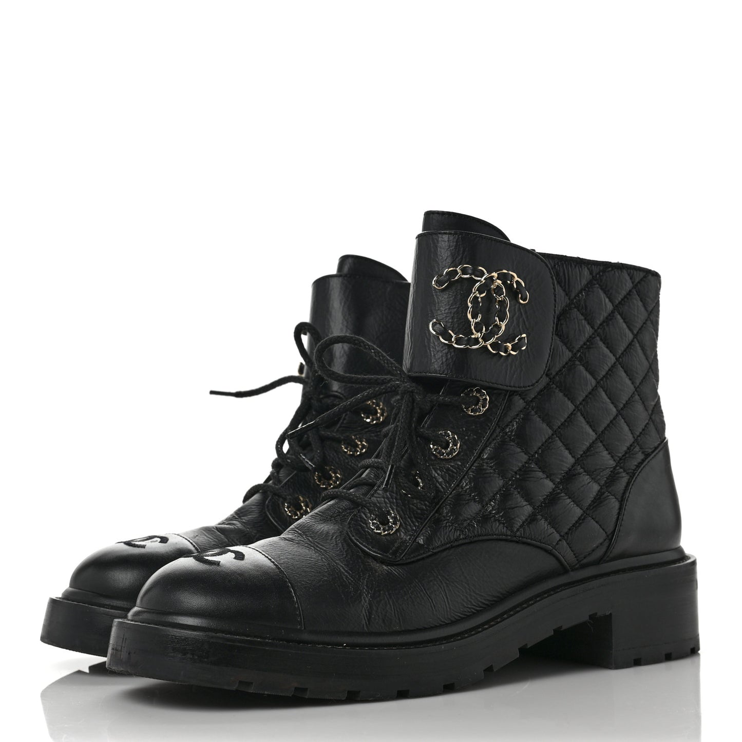 Shiny Calfskin Quilted Lace Up Combat Boots 41.5 Black
