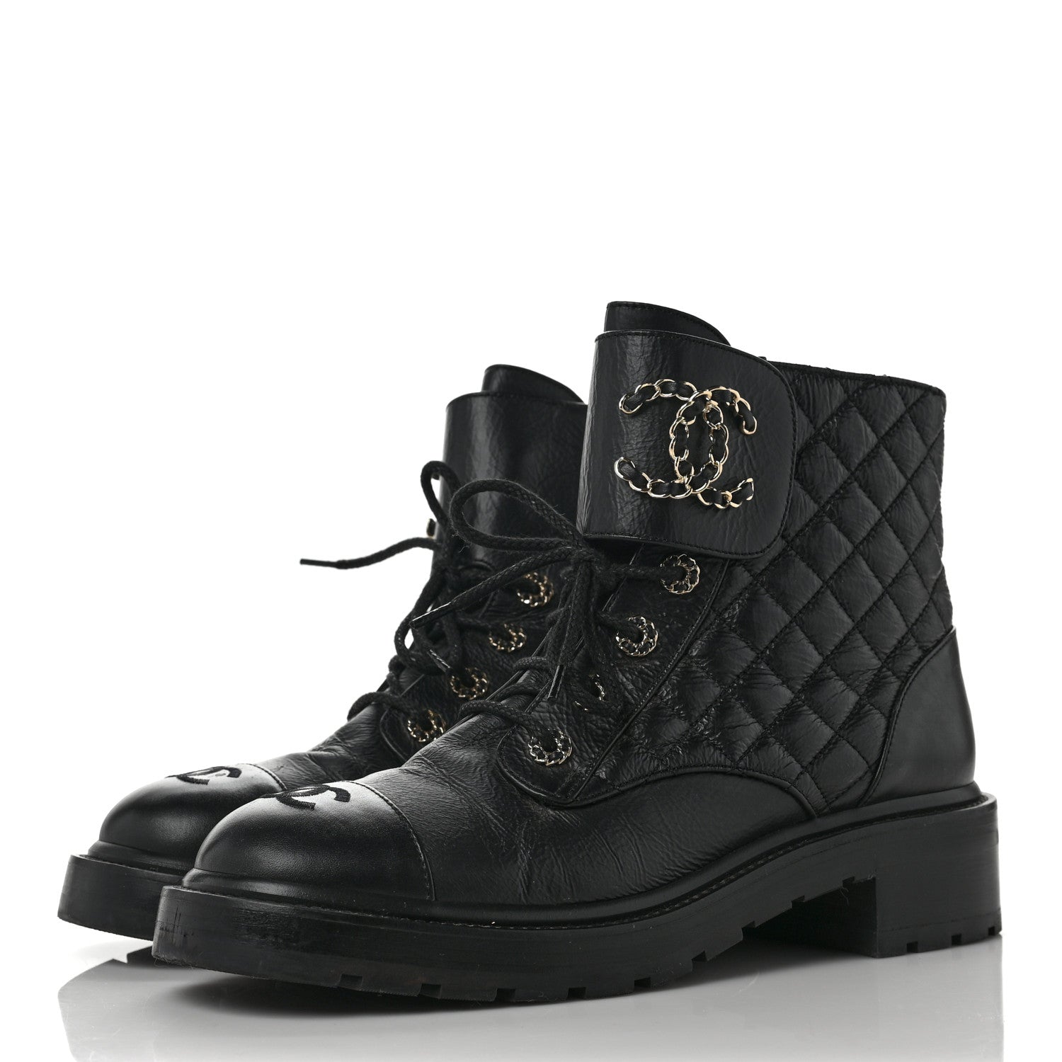 Chanel Shiny Calfskin Quilted Lace Up Combat Boots 41.5 Black 3 of 9