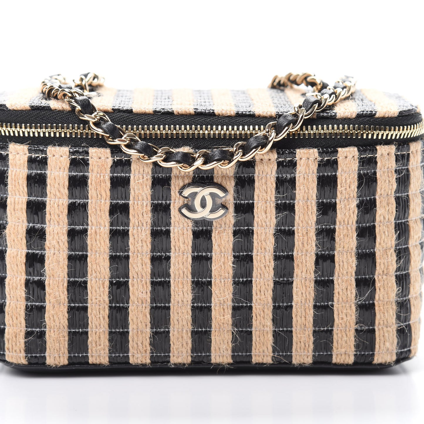 Raffia Jute Striped Small Vanity Case With Chain Black Beige
