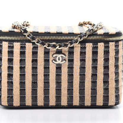 Chanel Raffia Jute Striped Small Vanity Case With Chain Black Beige 8 of 11
