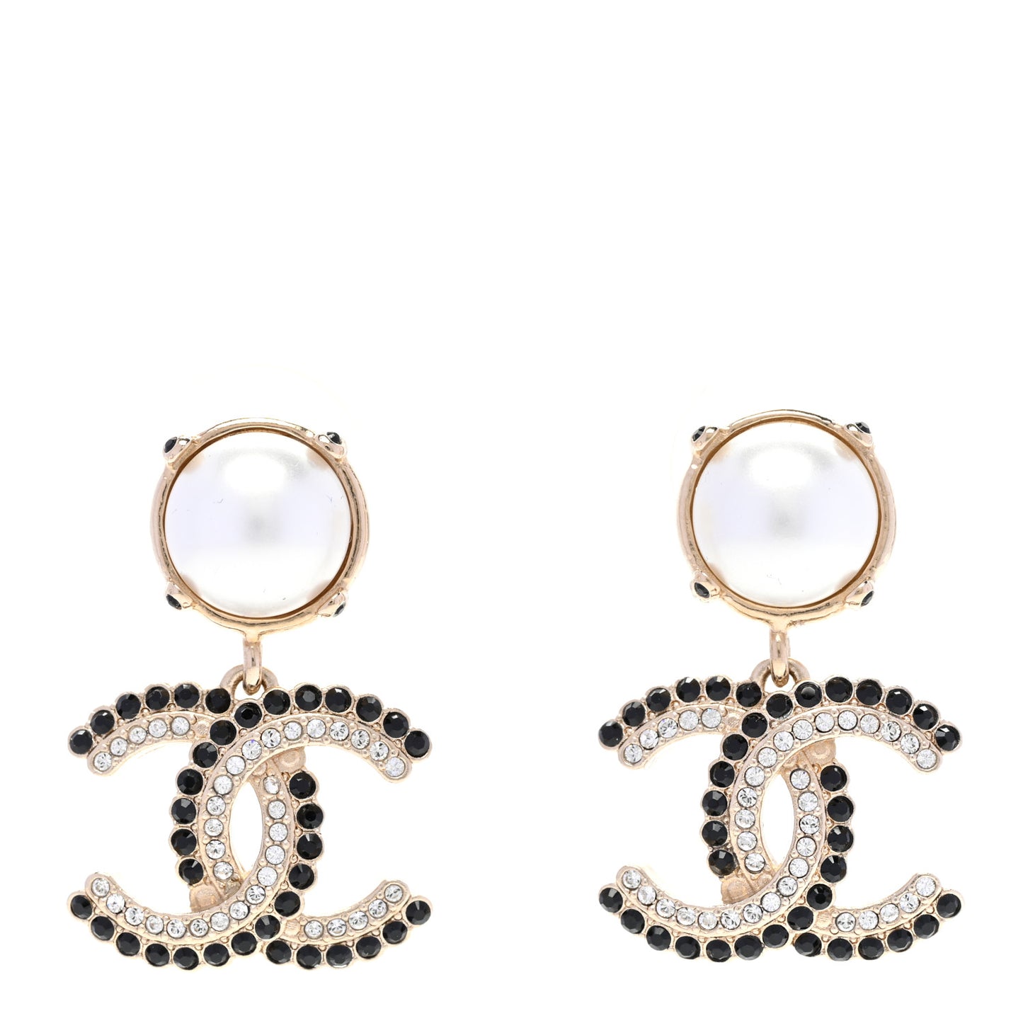 Pearl Crystal CC Drop Earrings Black Gold