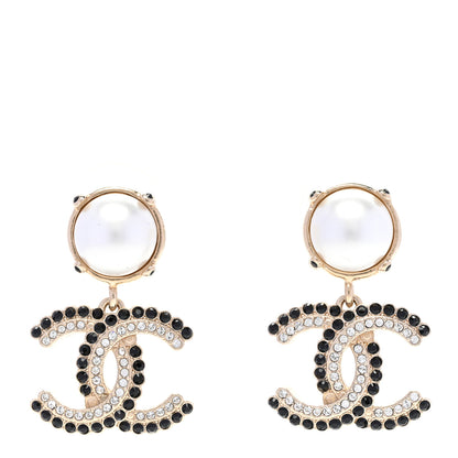 Chanel Pearl Crystal CC Drop Earrings Black Gold 1 of 5