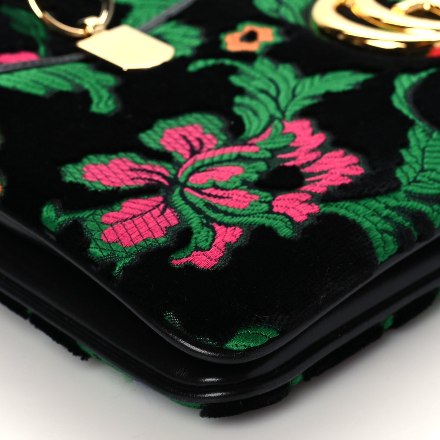 Velvet Jacquard Floral Embroidered Large Arli Top Handle Bag Black Green Multicolor