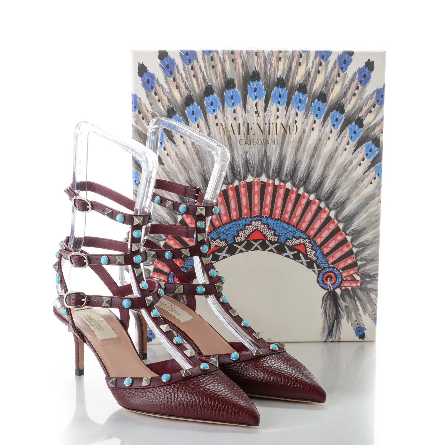 Valentino Garavani Pebbled Calfskin Turquoise Rockstud Rolling Ankle Strap 65mm Pumps 37.5 Rubin 9 of 9