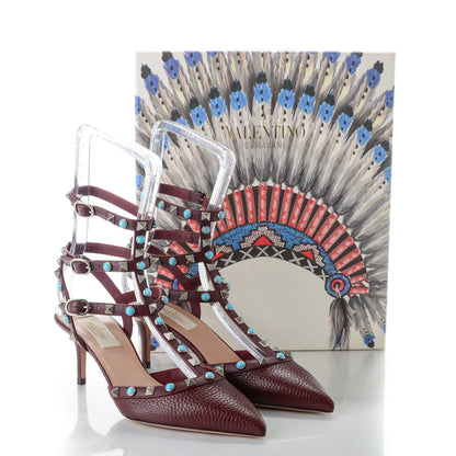 Valentino Garavani Pebbled Calfskin Turquoise Rockstud Rolling Ankle Strap 65mm Pumps 37.5 Rubin 9 of 9