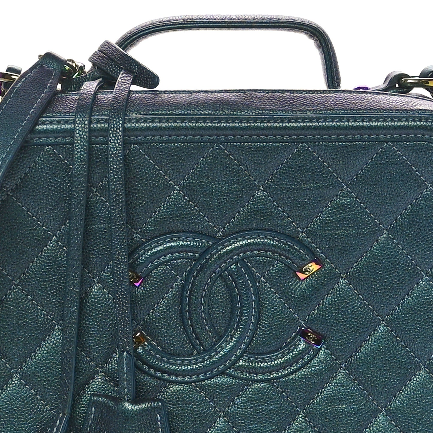Iridescent Caviar Quilted Medium CC Filigree Vanity Case Dark Turquoise