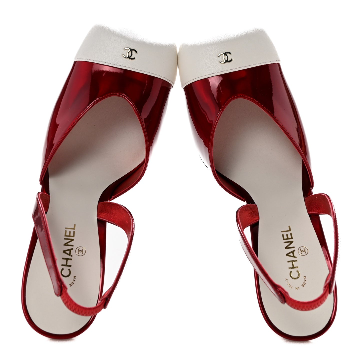 Laminated Calfskin Lambskin Cap Toe CC Slingback Pumps 36.5 Red Ivory
