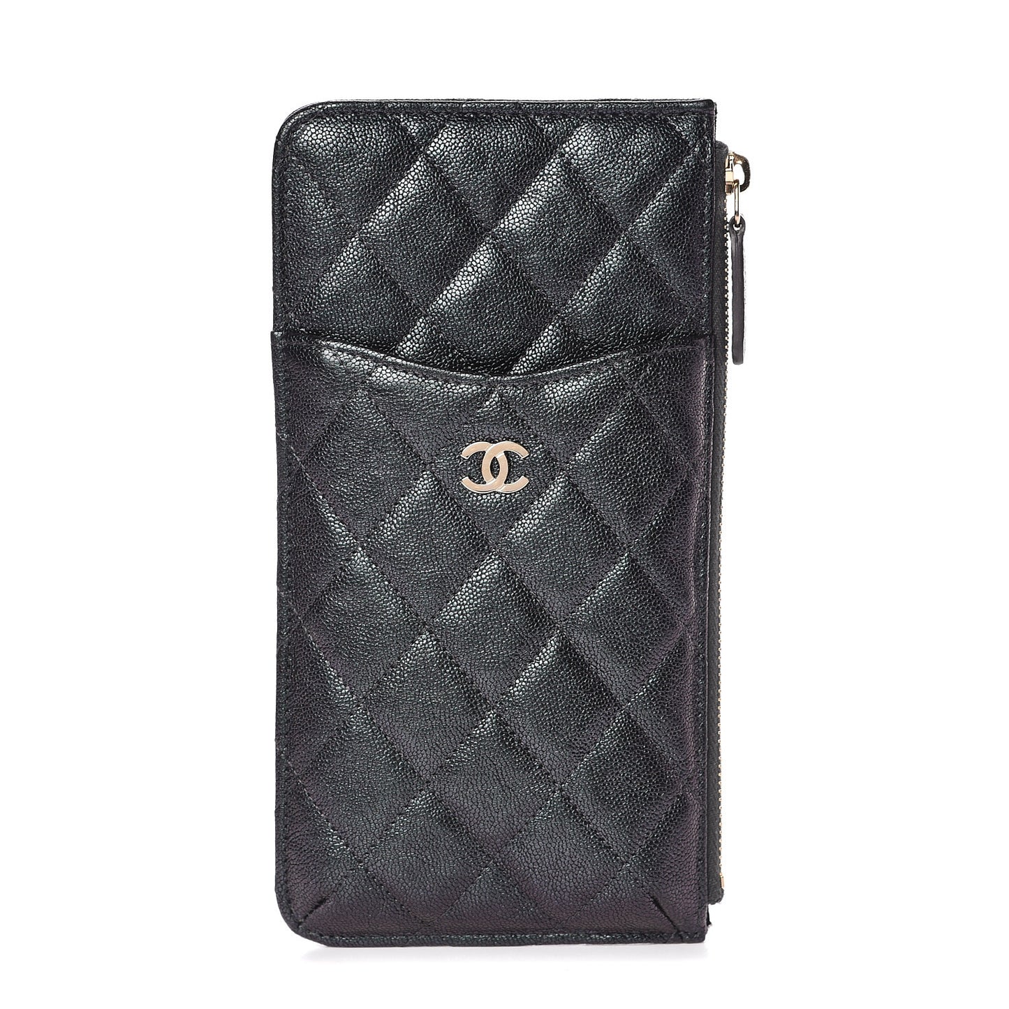 Iridescent Caviar Quilted Classic Flat Wallet Pouch Black