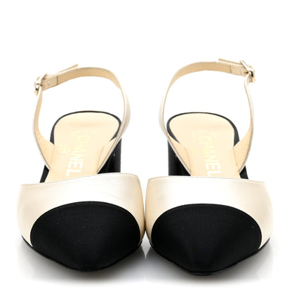 Chanel Iridescent Calfskin Grosgrain Cap Toe CC Slingback Pumps 36 White Black 3 of 11