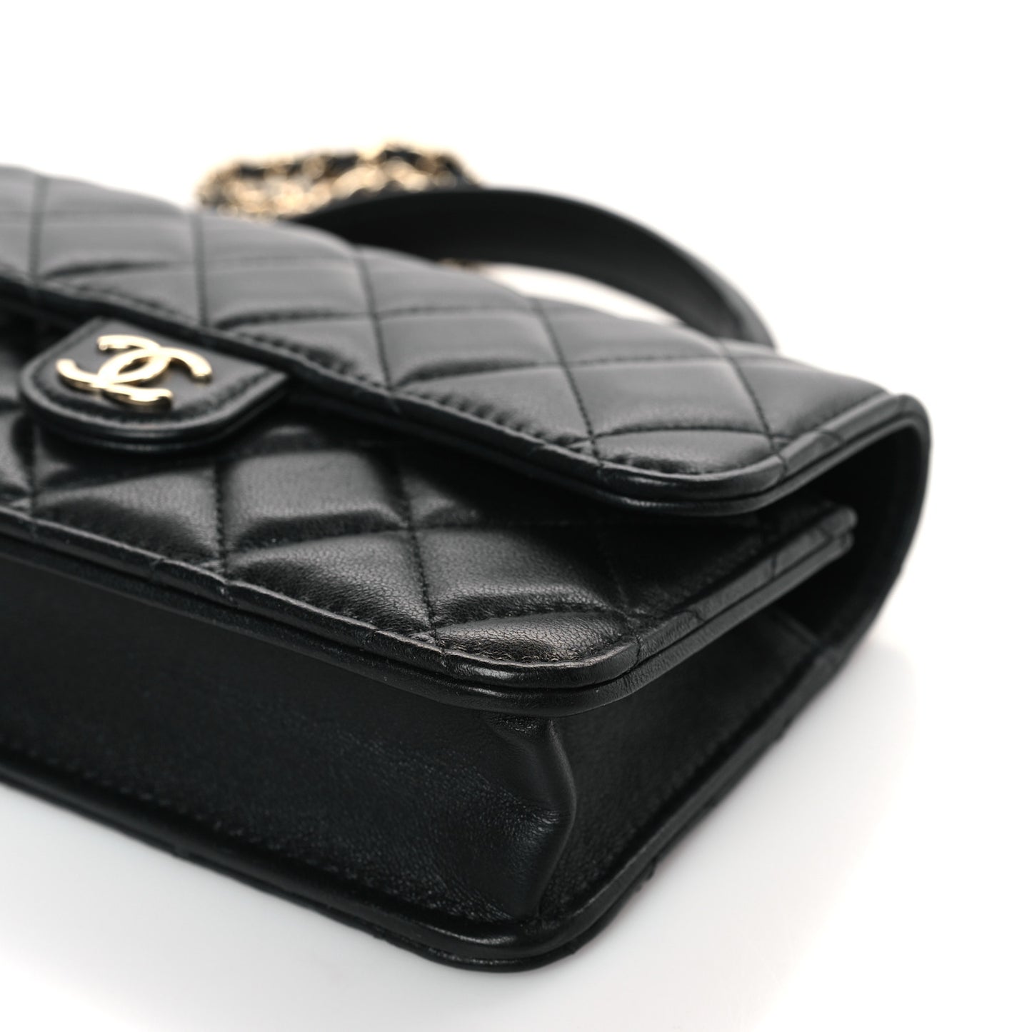 Lambskin Quilted Flap Phone Holder With Chain Black