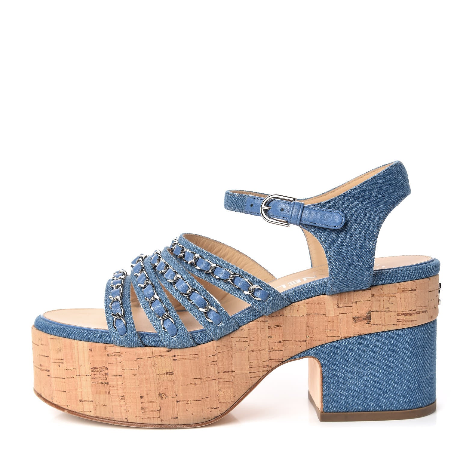 Chanel Denim Cork Chain Wedge Sandals 37 Blue 1 of 13