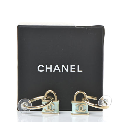 Chanel Resin Glitter Padlock CC Hoop Earrings Blue Gold 5 of 5