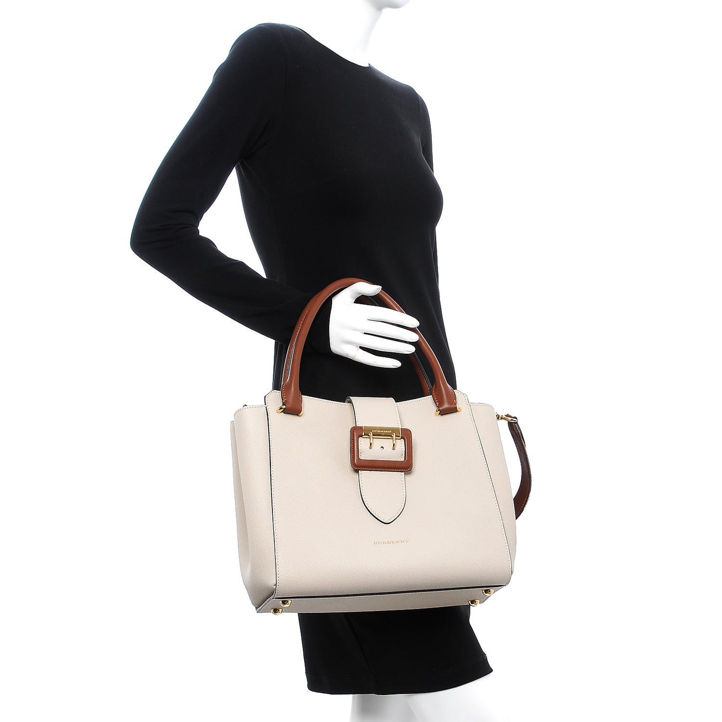 Soft Grain Calfskin Medium Buckle Tote Black Limestone