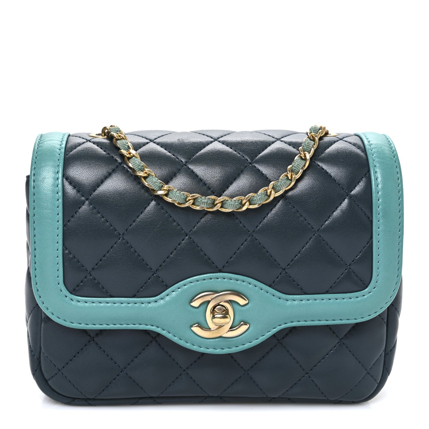 Lambskin Quilted Two Tone Day Flap Navy Turquoise