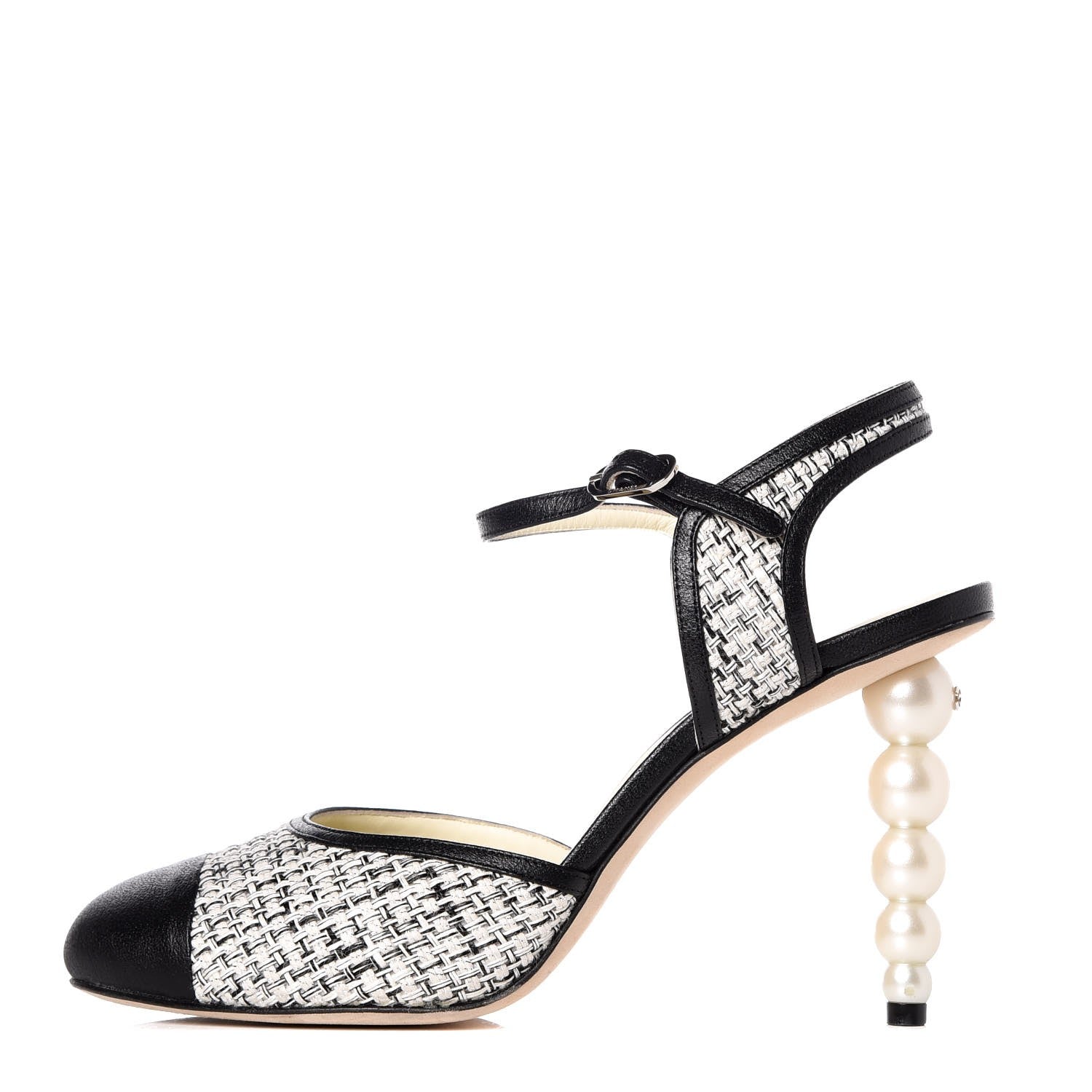 Chanel Tweed Goatskin Pearl Heel Pumps 39 Grey Beige Black 1 of 12