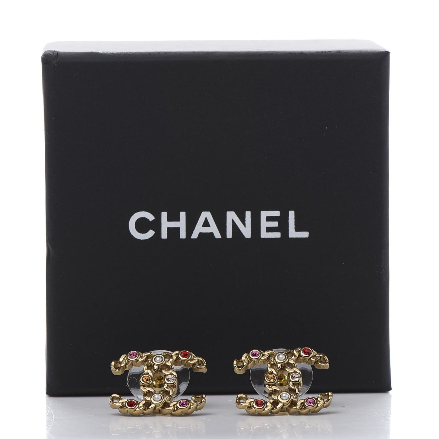 Pearl Crystal Chain Link CC Earrings Gold Red Pink Yellow
