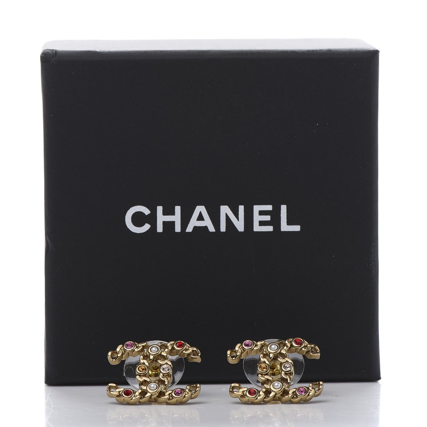 Chanel Pearl Crystal Chain Link CC Earrings Gold Red Pink Yellow 5 of 5