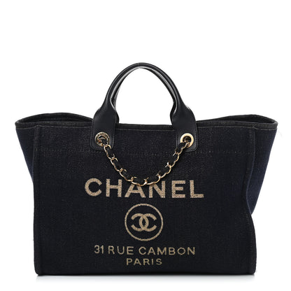 Chanel Lurex Canvas Medium Deauville Tote Navy Blue Gold 1 of 16