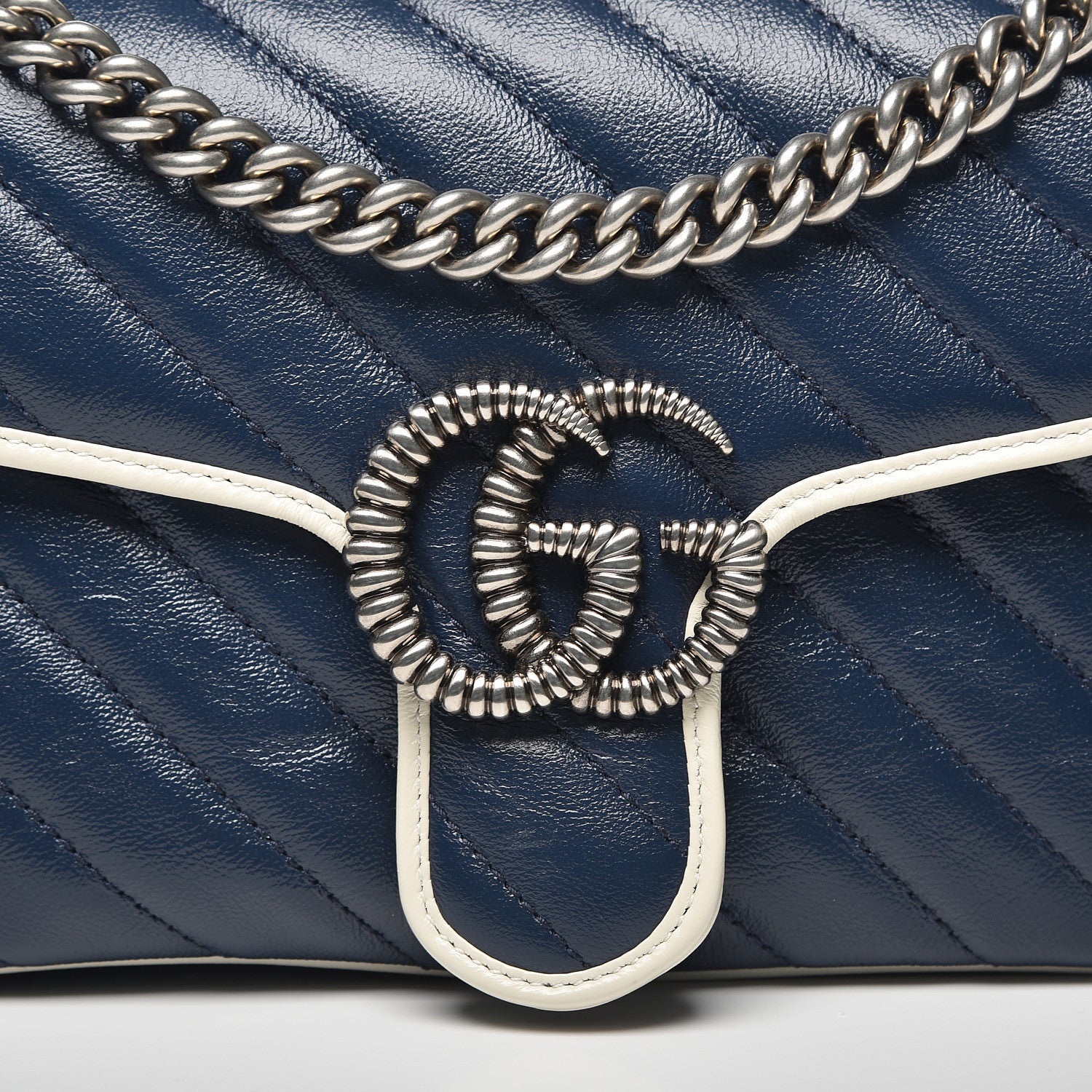 Gucci Vintage Effect Calfskin Matelasse Diagonal Small Torchon GG Marmont Shoulder Bag Blue Agata Mystic White 7 of 10