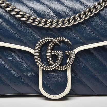 Gucci Vintage Effect Calfskin Matelasse Diagonal Small Torchon GG Marmont Shoulder Bag Blue Agata Mystic White 7 of 10