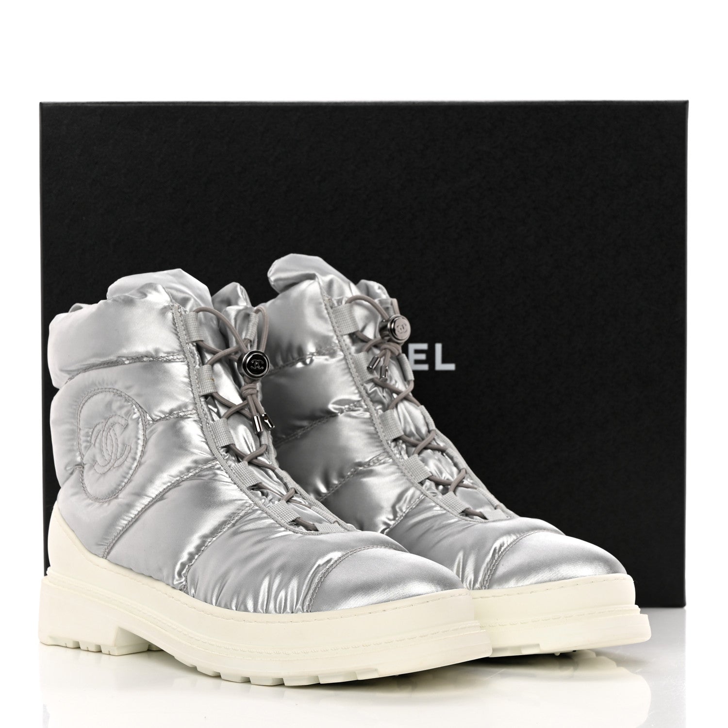 Chanel Metallic Nylon Quilted Womens Lace UP Snow Boots 40.5 Silver 12 of 12