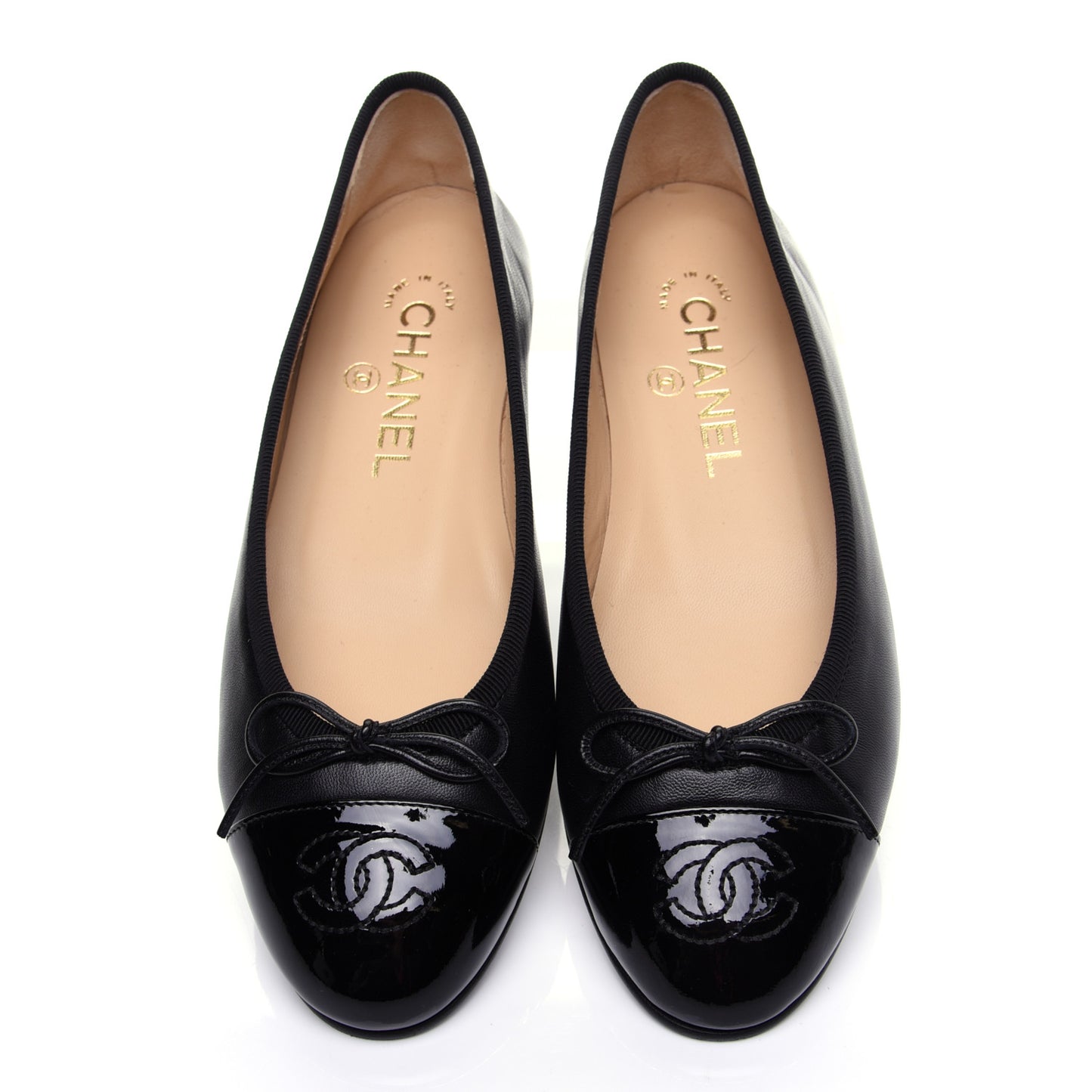 Lambskin Patent Calfskin CC Cap Toe Ballerina Flats 36 Black