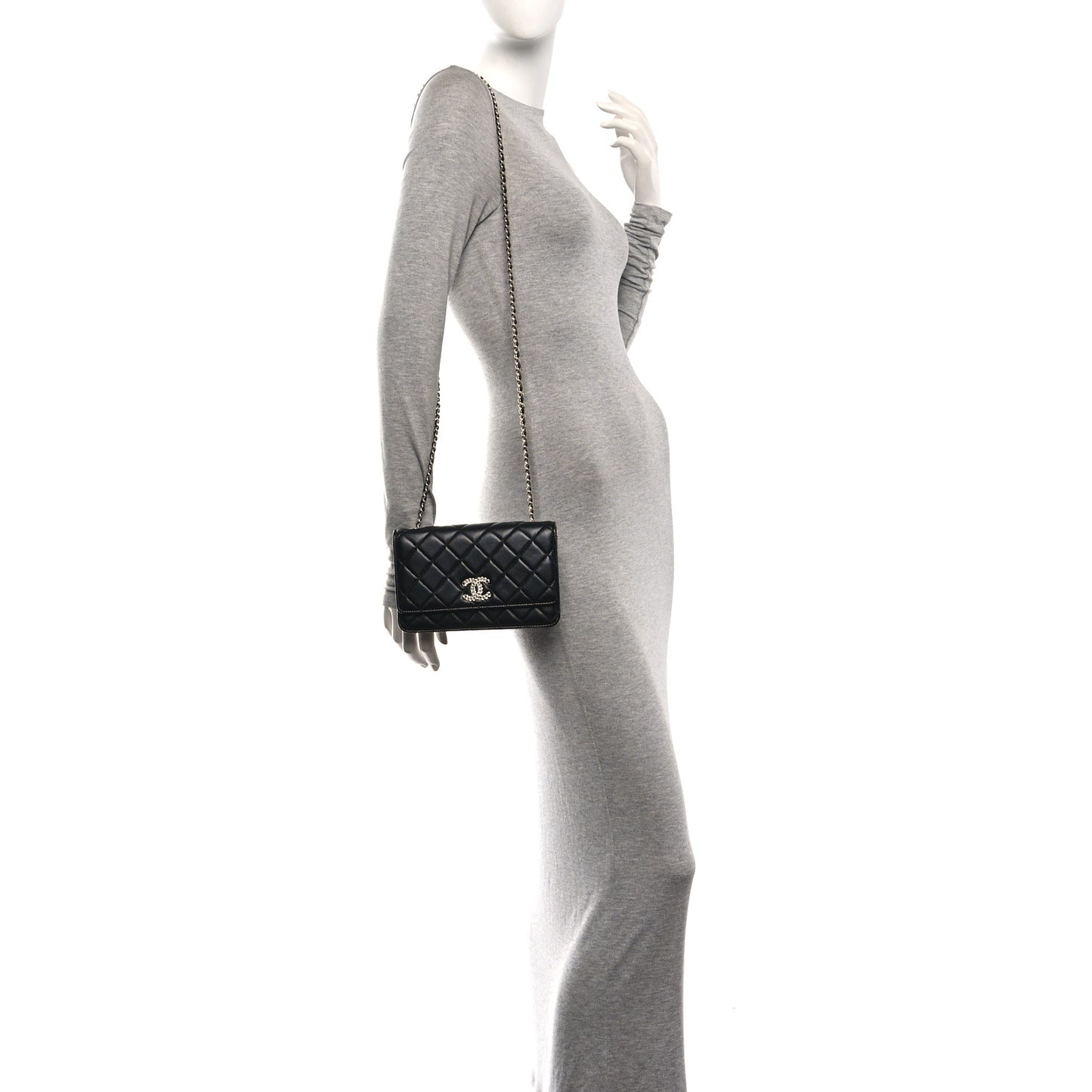 Lambskin Quilted Crystal CC Wallet On Chain WOC Black