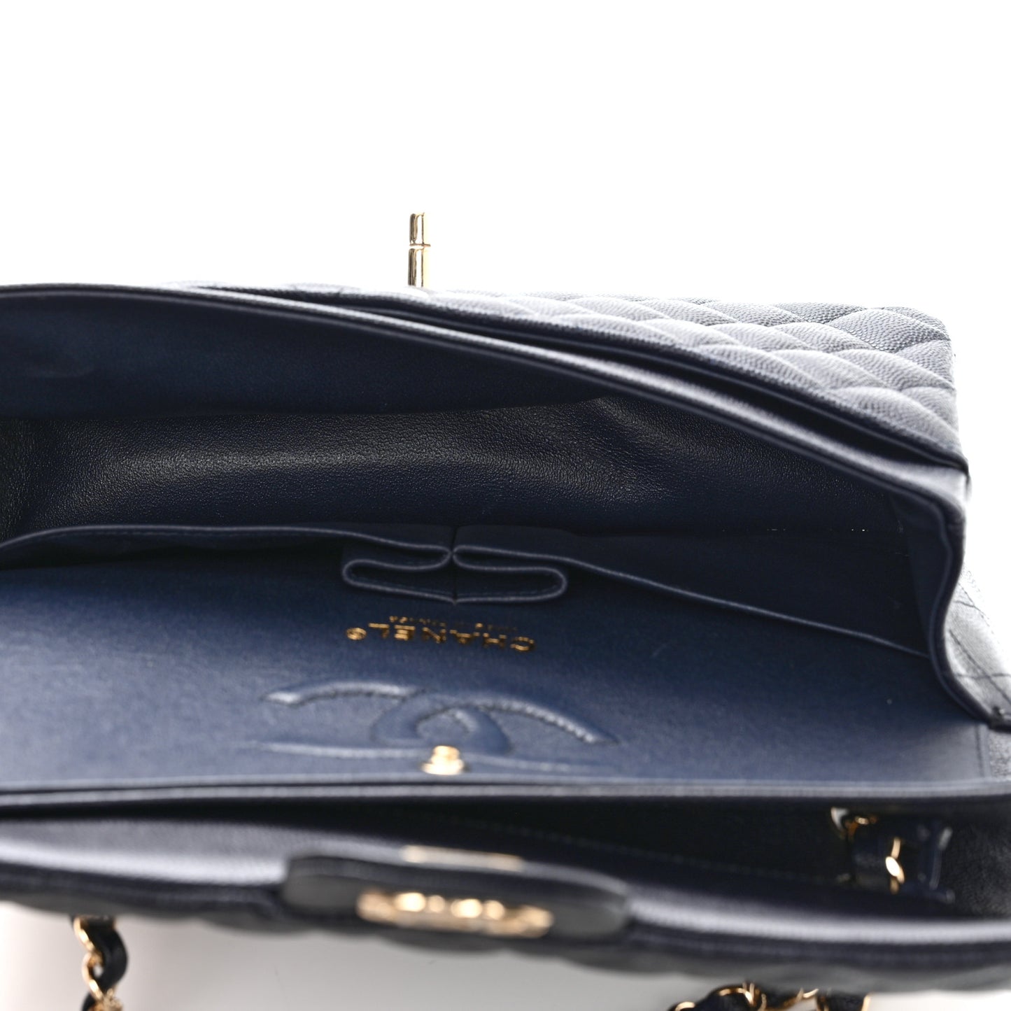 Caviar Quilted Medium Double Flap Dark Blue