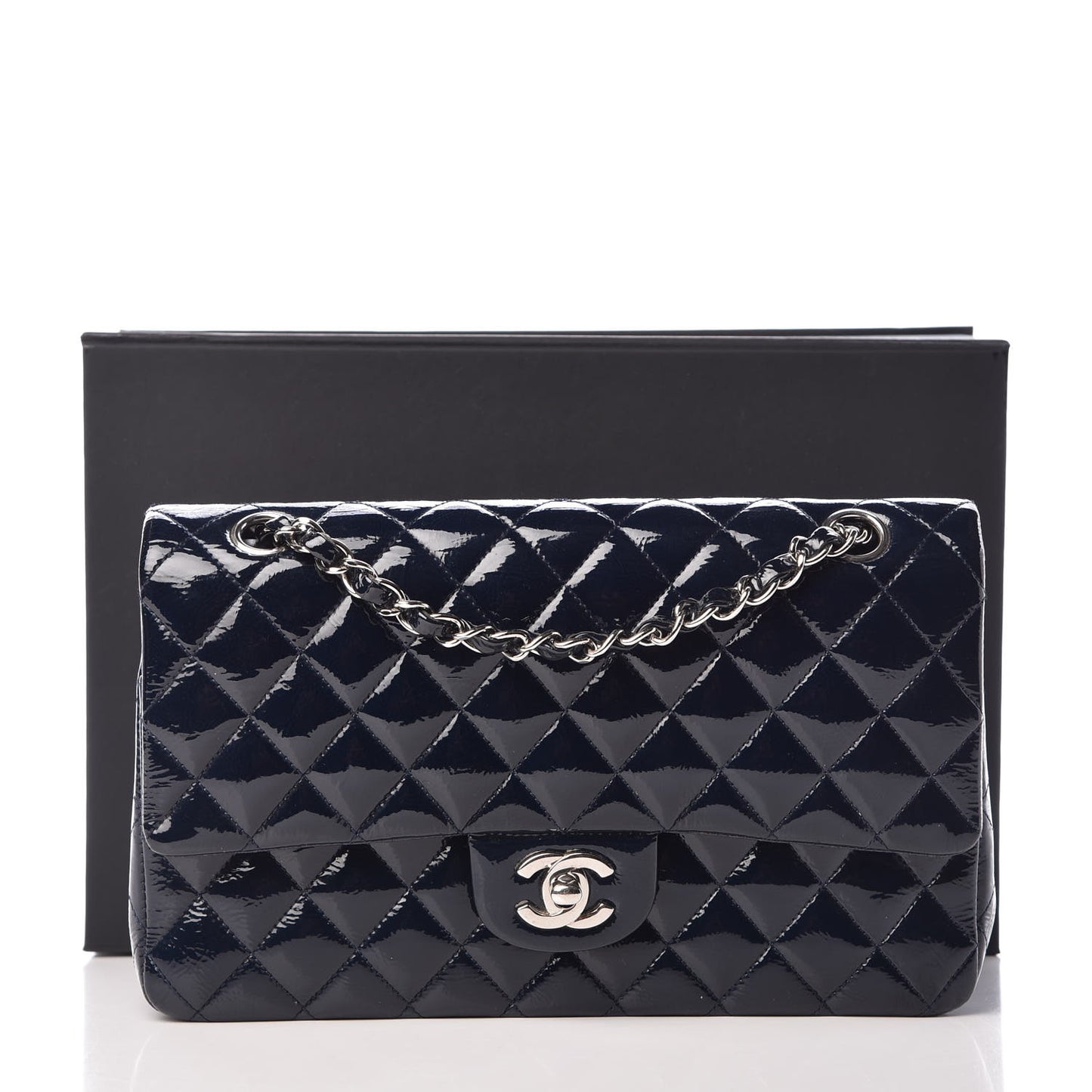 Patent Quilted Medium Double Flap Navy Blue
