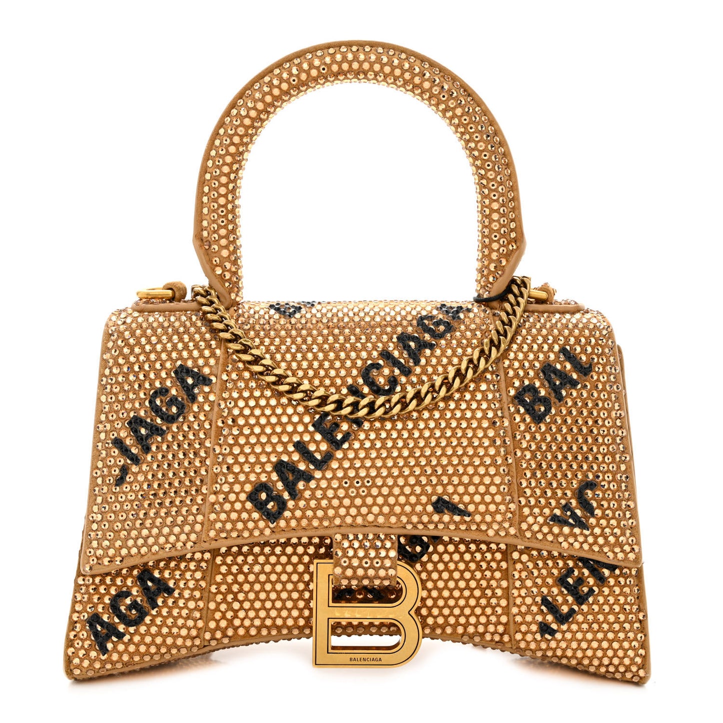 Strass Suede Allover Logo Hourglass Top Handle Bag XS with Chain Gold Black